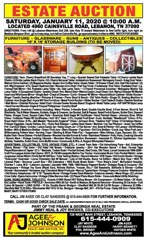 Cainsville Rd Lebanon TN Estate Auction Flyer