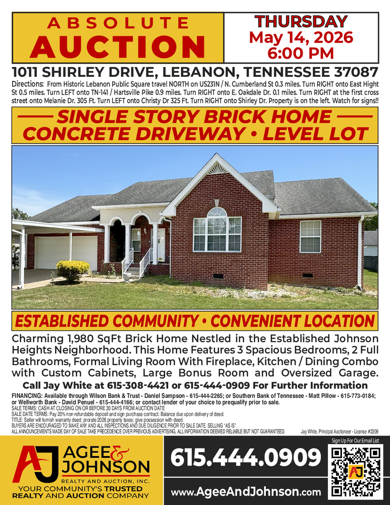 AGEE & JOHNSON 1011 SHIRLEY DRIVE AUCTION 14MAY26 PROOF